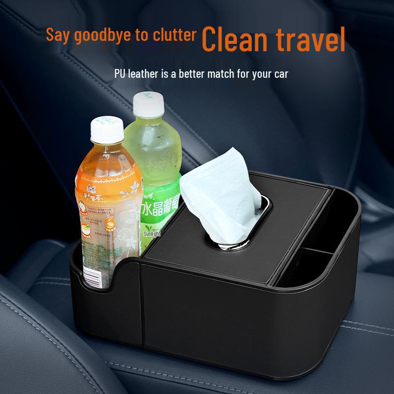 Multifunctional Car Armrest Storage & Tissue Box with Cup Holder