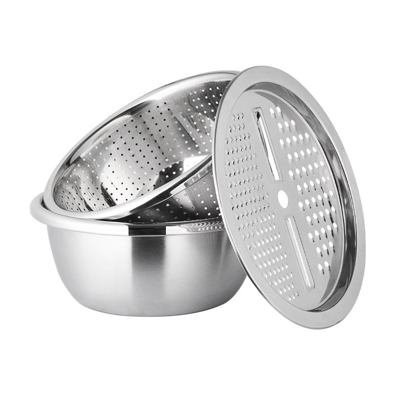 3-in-1 Stainless Steel Kitchen Set: Vegetable Washing Basin, Drain Basket, Grater, and Rice Sieve.