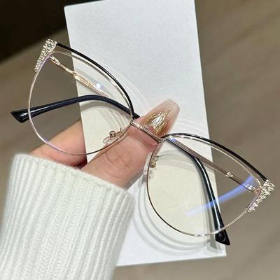 Trendy Metal Cat Eye Frame Anti Blue Light Glasses Diamond Studded Unisex European American Style