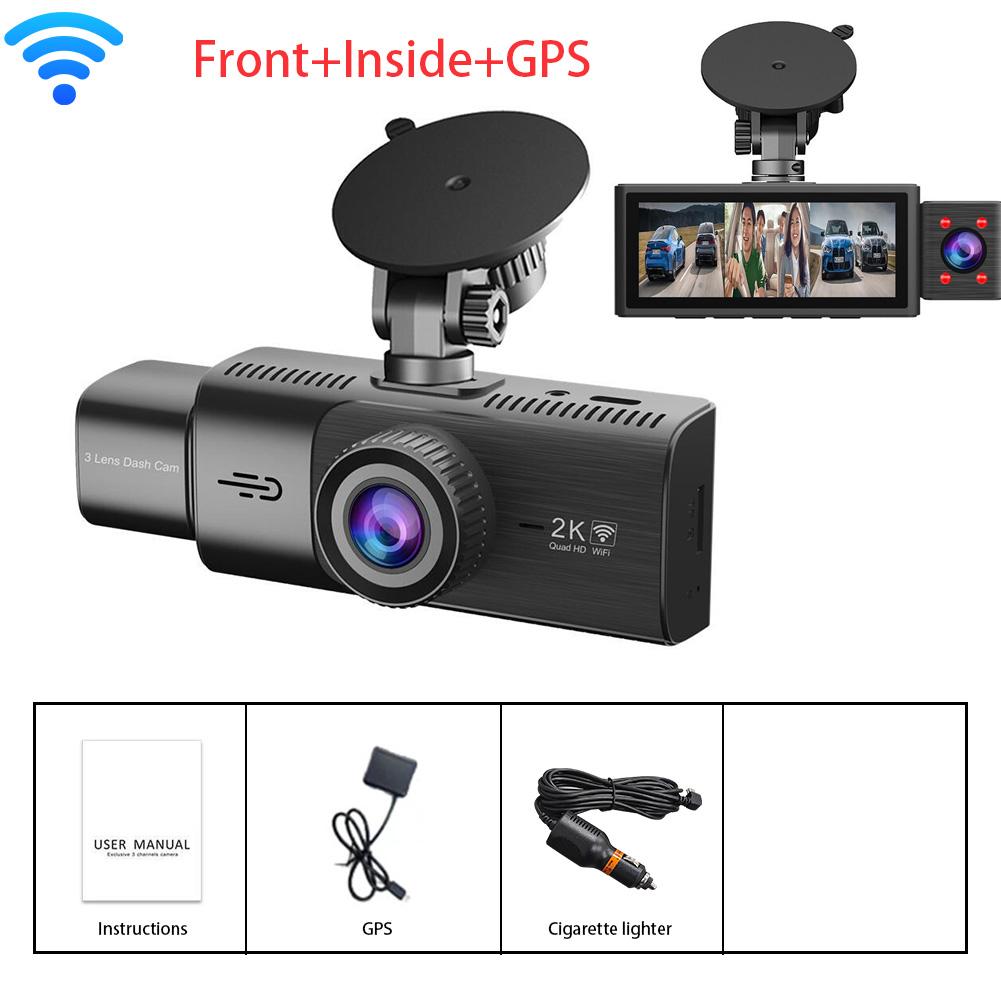 3 Channel WiFi GPS Dash Cam Car DVR Black Box 2K Video Recorder Front Inside Rear View Camera Car Accessories