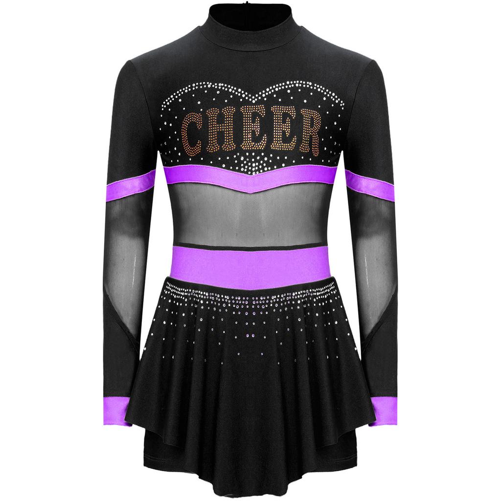 Girls One Piece Cheerleader Costume Long Sleeve Mesh Patchwork Shiny Diamonds Cheerleading Bodysuit