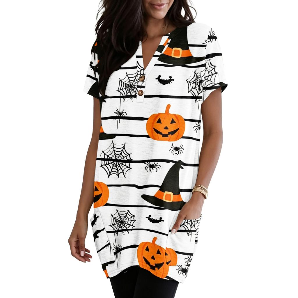 Women's V Neck Halloween Print Short Sleeve Pullover Dress with Pockets Casual Loose Fit Tunic Top
