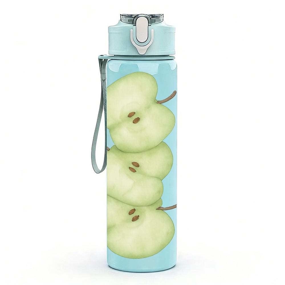 1PC Stacked Green Apple Fruit Print 750ml Color Plastic Sports Water Bottle Leakproof Flip Straw Lid For Sports Office Home Use