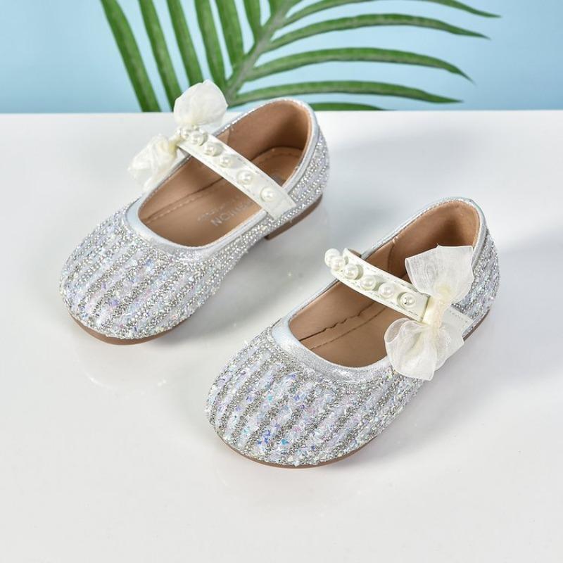 Girls Pearl Bow Rhinestone Mary Jane Non Slip Casual Princess Flat Shoes