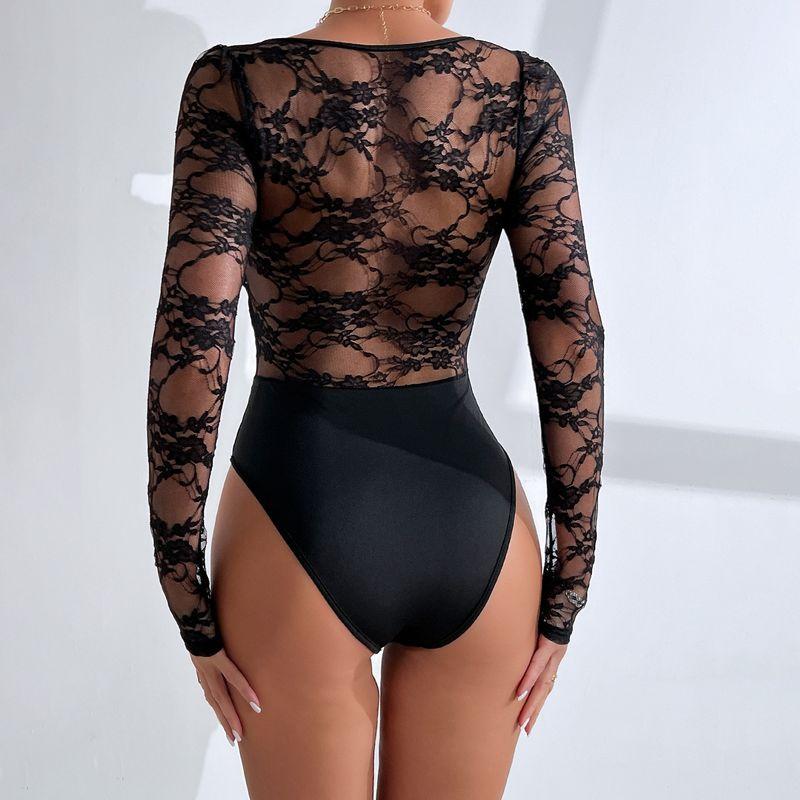 Summer Committee New Arrival Boutique Women's Clothing Low Cut U-Neck Long-Sleeved Perspective Sexy Hot Fashion Silm Fun Lace Jumpsuit