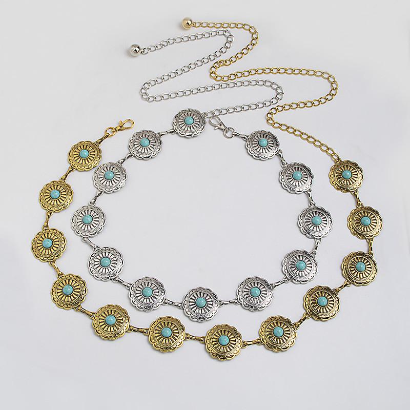Turquoise Style Western Silver Metal Waist Chain With Carved Details Women For