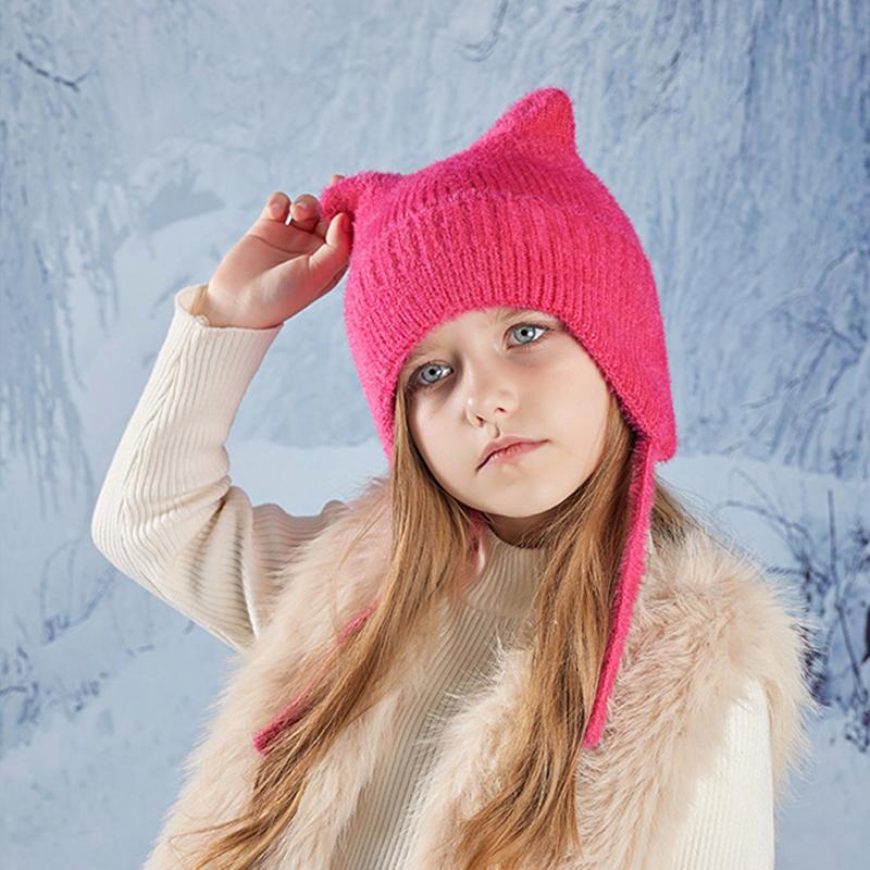 New Children Hats Cute Cat Ear Knitted Wool Hat Winter Boys Girls Babies Ear Protection Hoods Fashion Outdoor Warm Colorful Caps