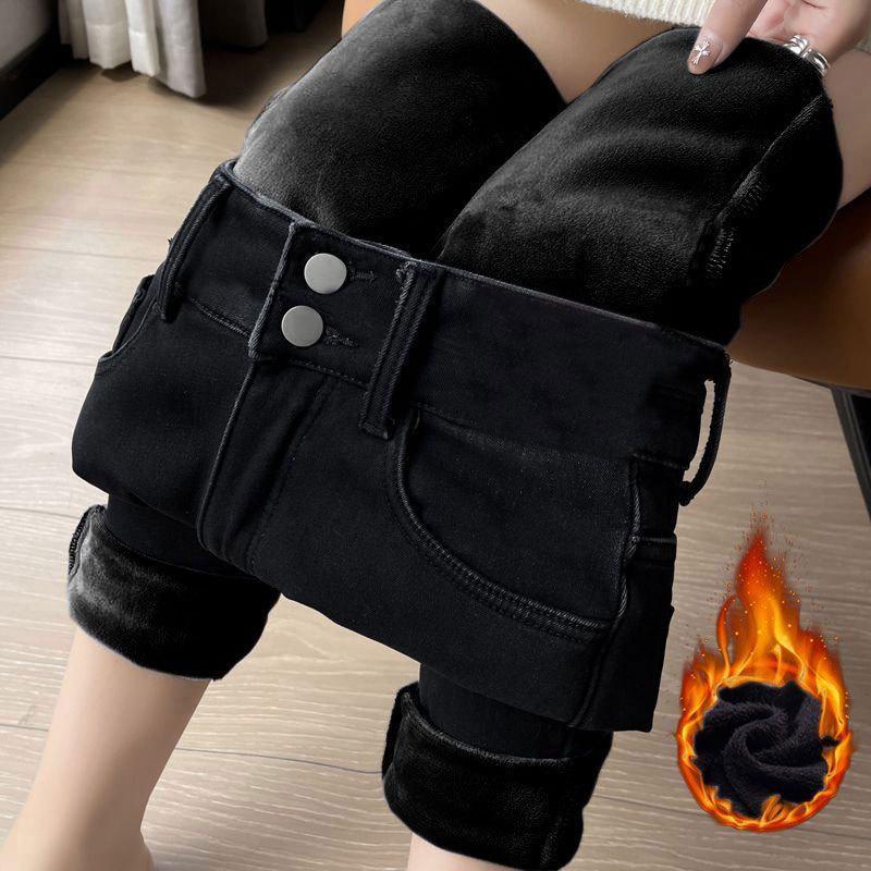 

Женские обтягивающие джинсы с высокой талией и бархатной подкладкой — серо-голубые, теплые и эластичные, осень/зима. 30