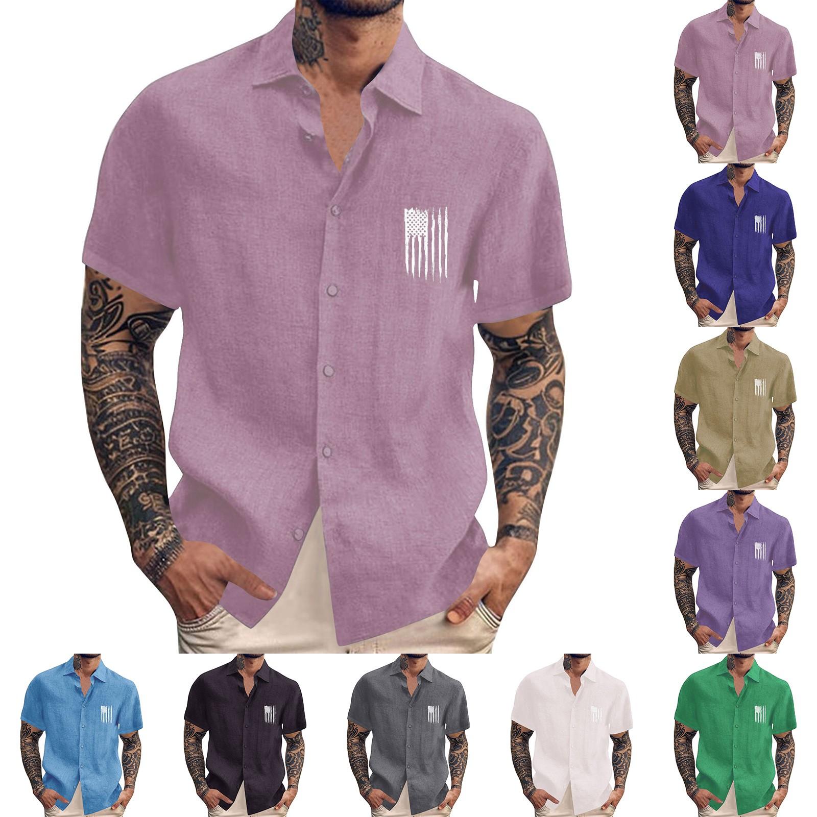

Men S Casual Loose Short Sleeved Printed Shirt With Fashionable Lapel Top M рожевий