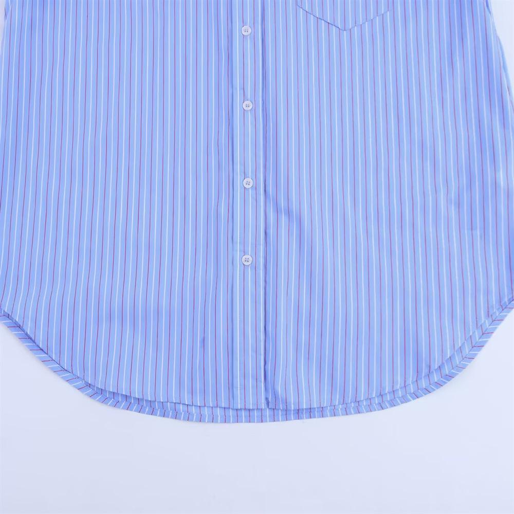 2025 Spring/Summer Women's Striped Poplin Shirt with Turn-Down Collar and Long Sleeves