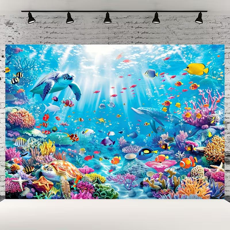 2D Underwater World Turtle Dolphin Fish Backdrop Ocean Photo Background