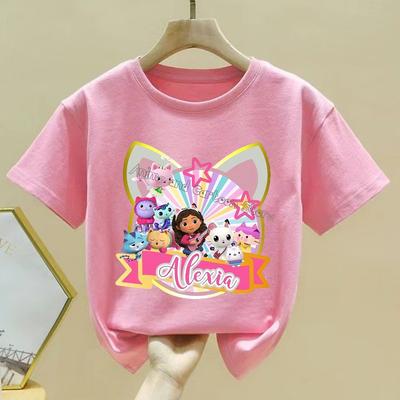Gabby Dollhouse New T-shirt Children Cute Cartoon Summer Clothes Fashion Girl Pink Short Sleeve Anime Loose Clothing Kid Tee Top