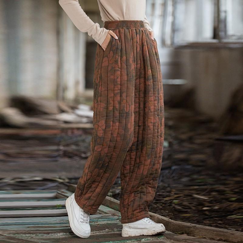 Johnature Women Vintage Print Floral Straight Pants Elastic Waist Trousers Winter Warm Plus Cotton Long Pants