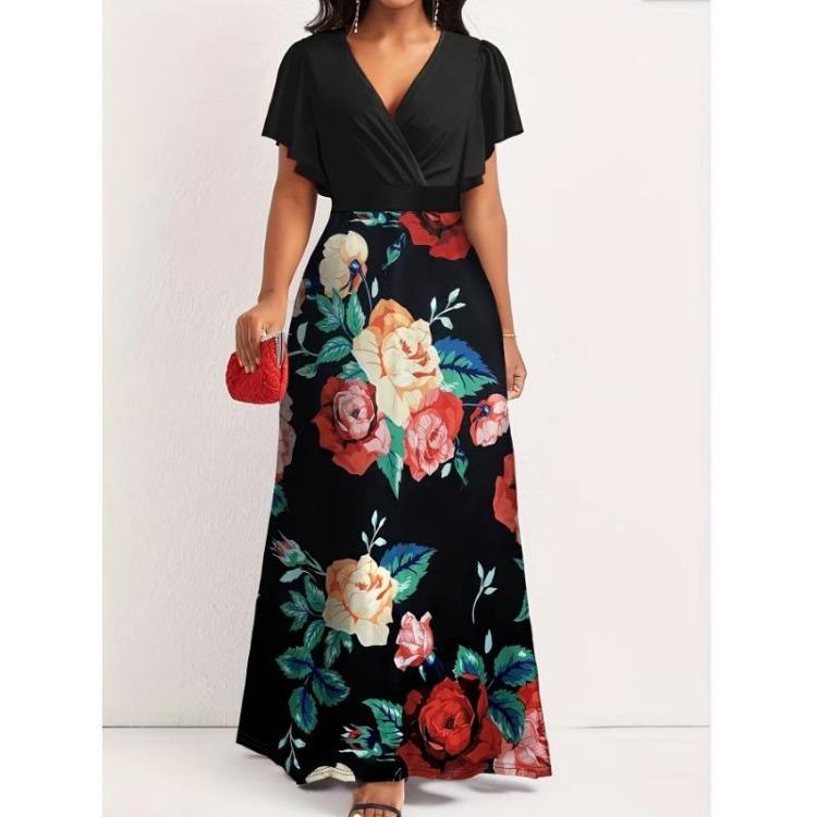 Elegant Plus Size Maxi Dress Women Floral Print Colorblock Surplice Neck Ruffle Trim Party Dress XL