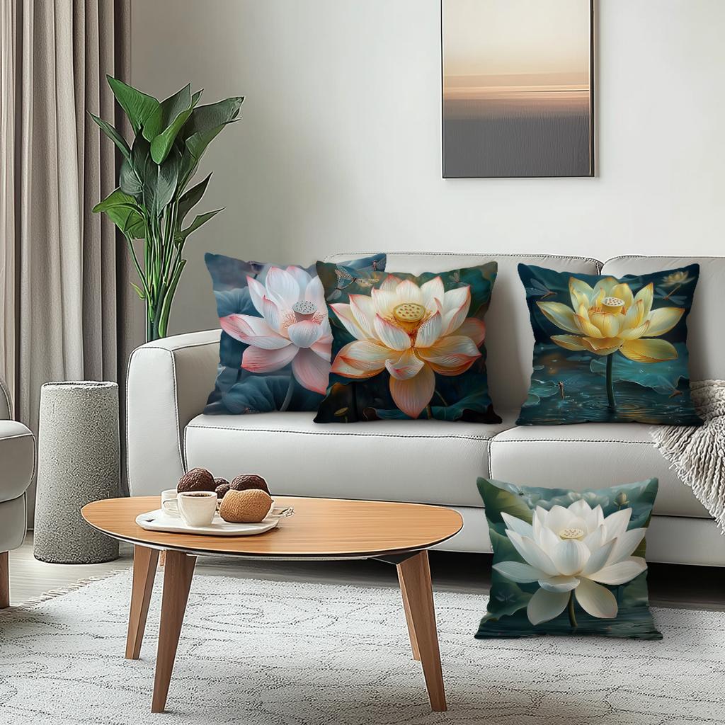 Tranquil Lotus Cushion Pillowcase Printed Polyester 45X45Cm Throw Pillowcover Decorative Sofa Cushion Pillowslip Home Decor
