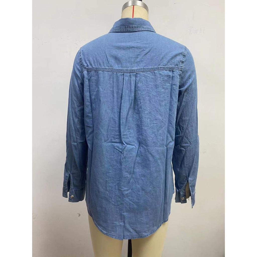Women's Single-breasted Denim Shirt European and American Style Autumn Casual Long-sleeved Denim Shirt
