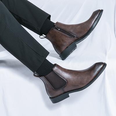 Mode 2024 Leder Frühling Designer Reißverschluss Italienisches Kleid Büroschuhe für Herren Chelsea Freizeitstiefel Retro Spitz Knöchelstiefel Schuhwerk
