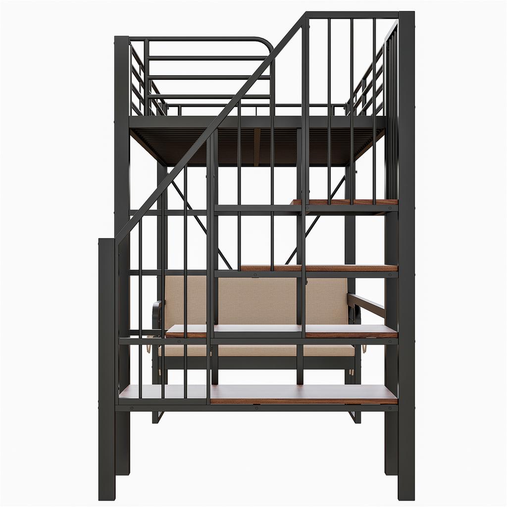 Etagenbett (90 x 200) mit stabilem Metallrahmen, abnehmbarem Polstersofa, Stauraum und Sicherheitstreppe. Geeignet für Kinder und Erwachsene. Schwarz.
