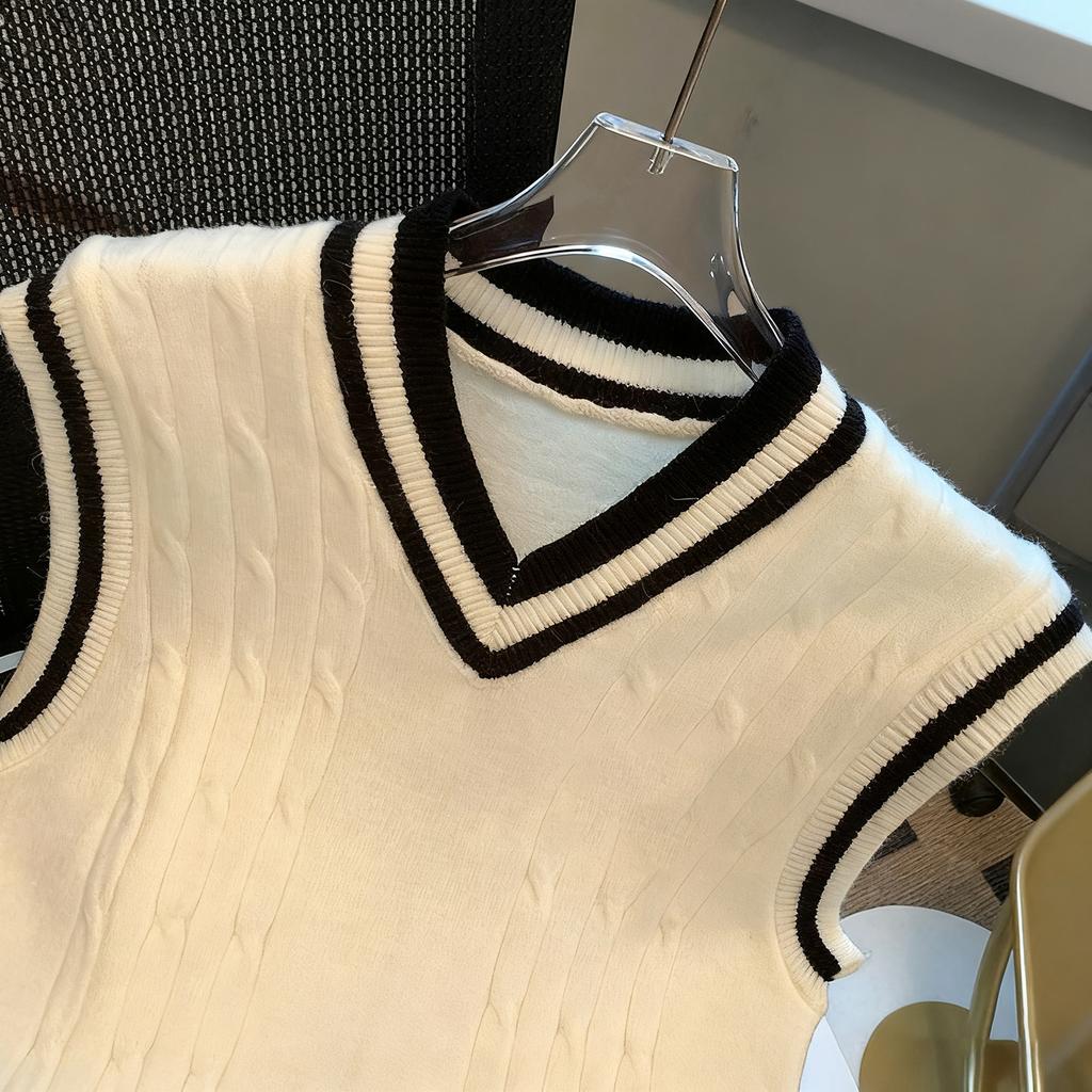 Women's Casual V-Neck Pullover Shirt Collision Color Sleeveless Sweater Vest