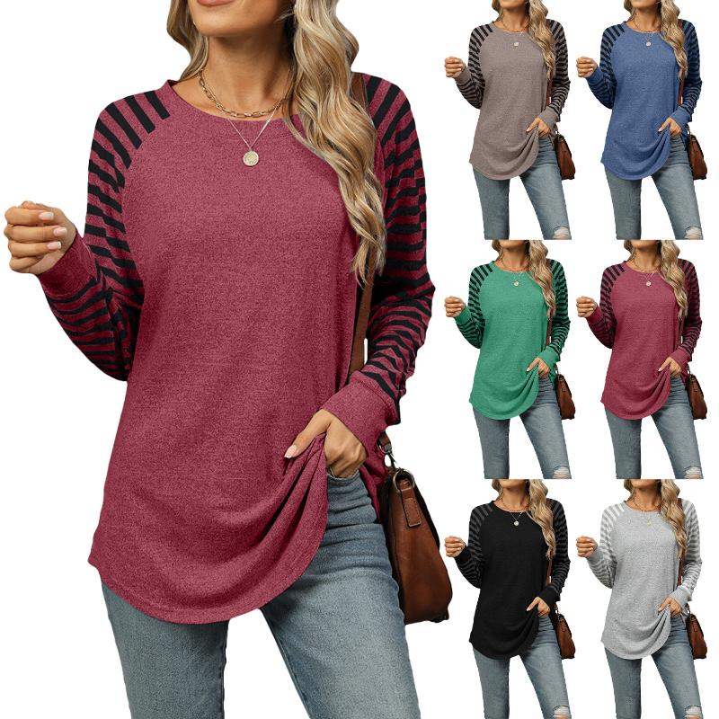 

Полосатая футболка с круглым вырезом, длинным рукавом и асимметричным подолом для женщин S красный