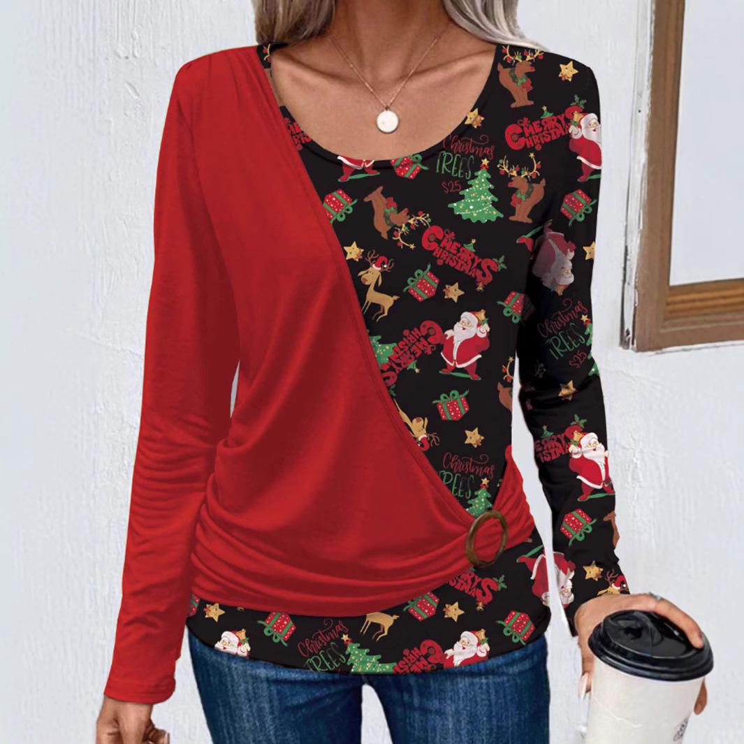 

Women s long-sleeved round neck printed patchwork casual T-shirt XXL