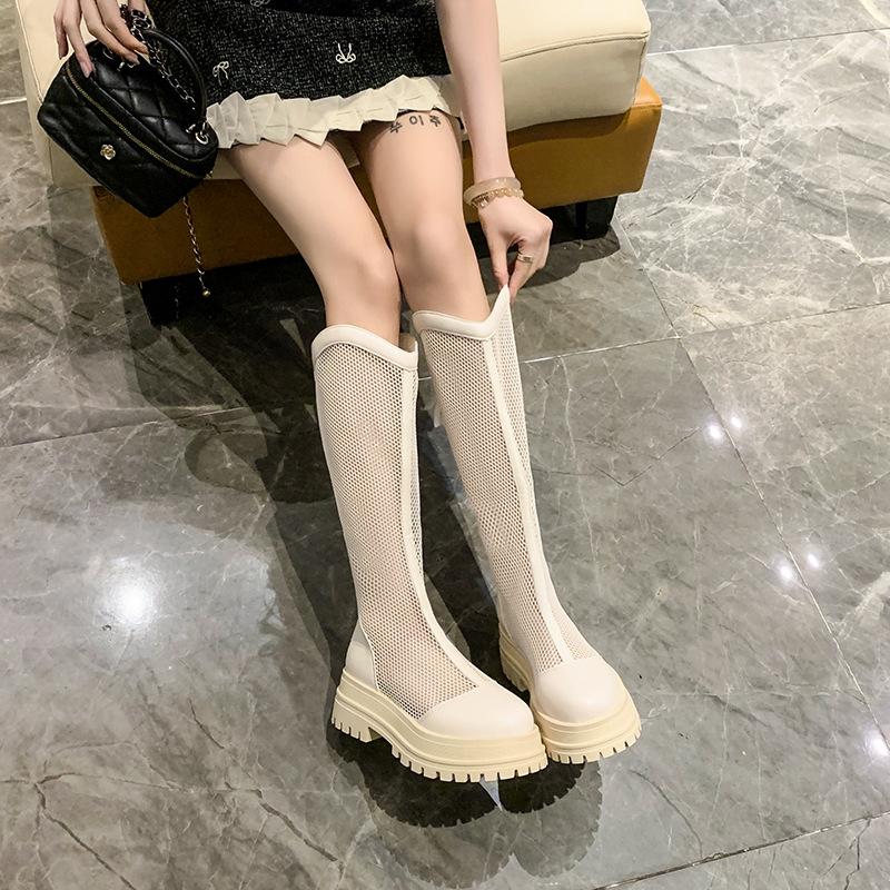 Summer soft leather mesh breathable women's boots are thin and fat mm hollow thick-soled cool boots, summer thin large tube seine boots women