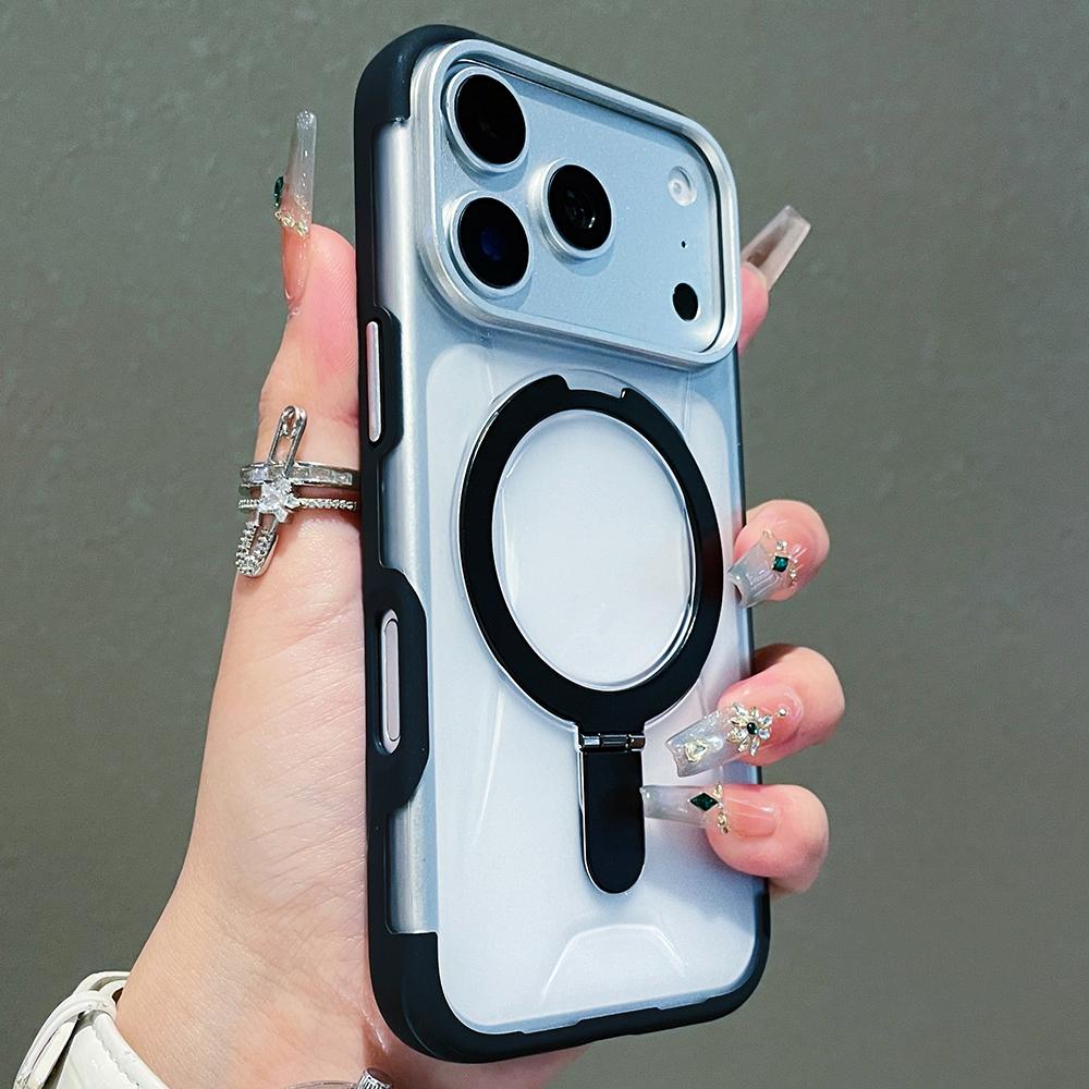 Luxury Folding Holder Magnetic Charging Phone Case for Iphone 17 16 15 Pro Max Titanium Gray Magsafe Shockproof Hard Back Cover