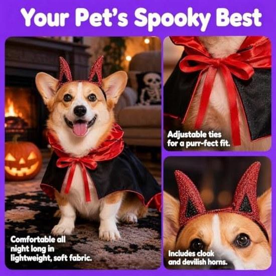 Hund Katze Halloween Kostüm 2-teiliges Set Fledermaus Umhang Teufelshorn Stirnband Haustier Outfit (S ca. 1,54 kg Rot)