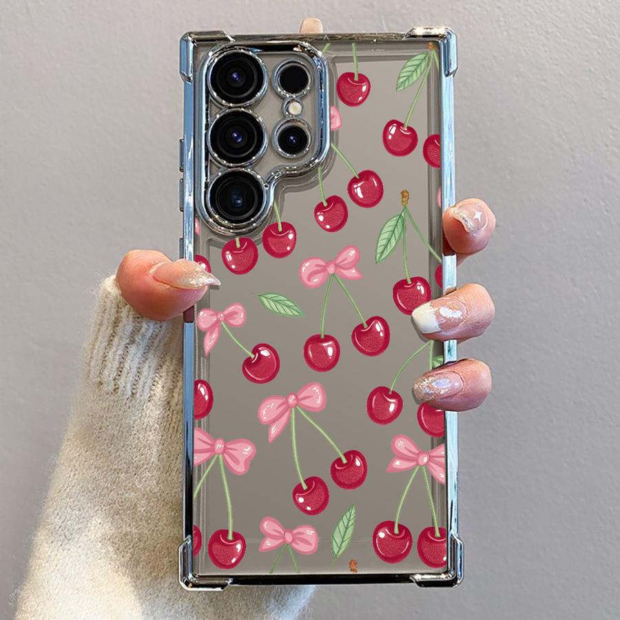 Clear Cover Phone Case for Samsung Galaxy S23 S25 Plus S21FE S24 S24ultra S20 FE S24fe S22 Ultra S25 Ultra Cartoon Bow Cherry