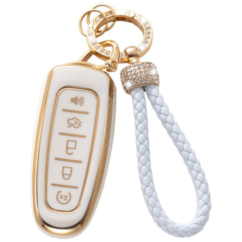 Gold-Rimmed Car Key Set with Diamond Ring Pendant Key Chain