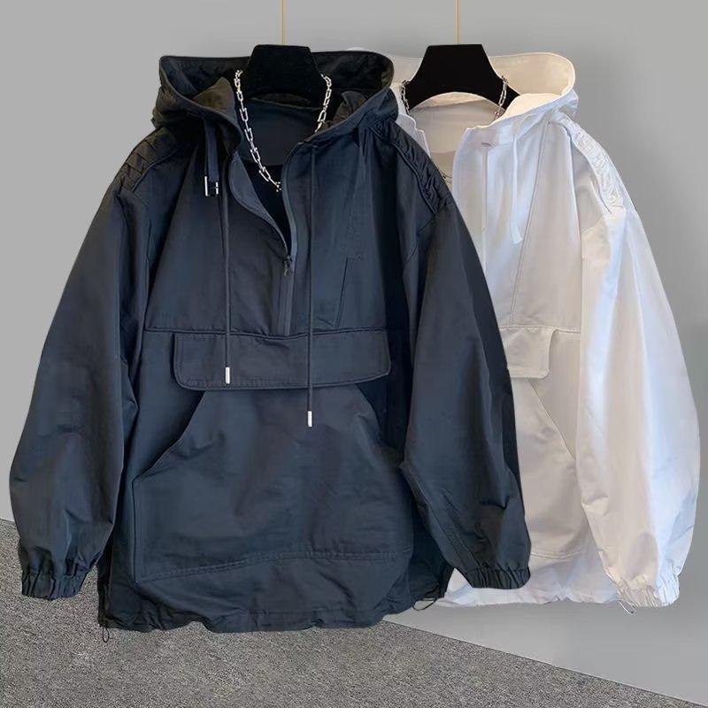 Men's Jacketsuit Loose-fit Hooded Trench Coat Fashionable Spliced Design Jacket Windbreaker