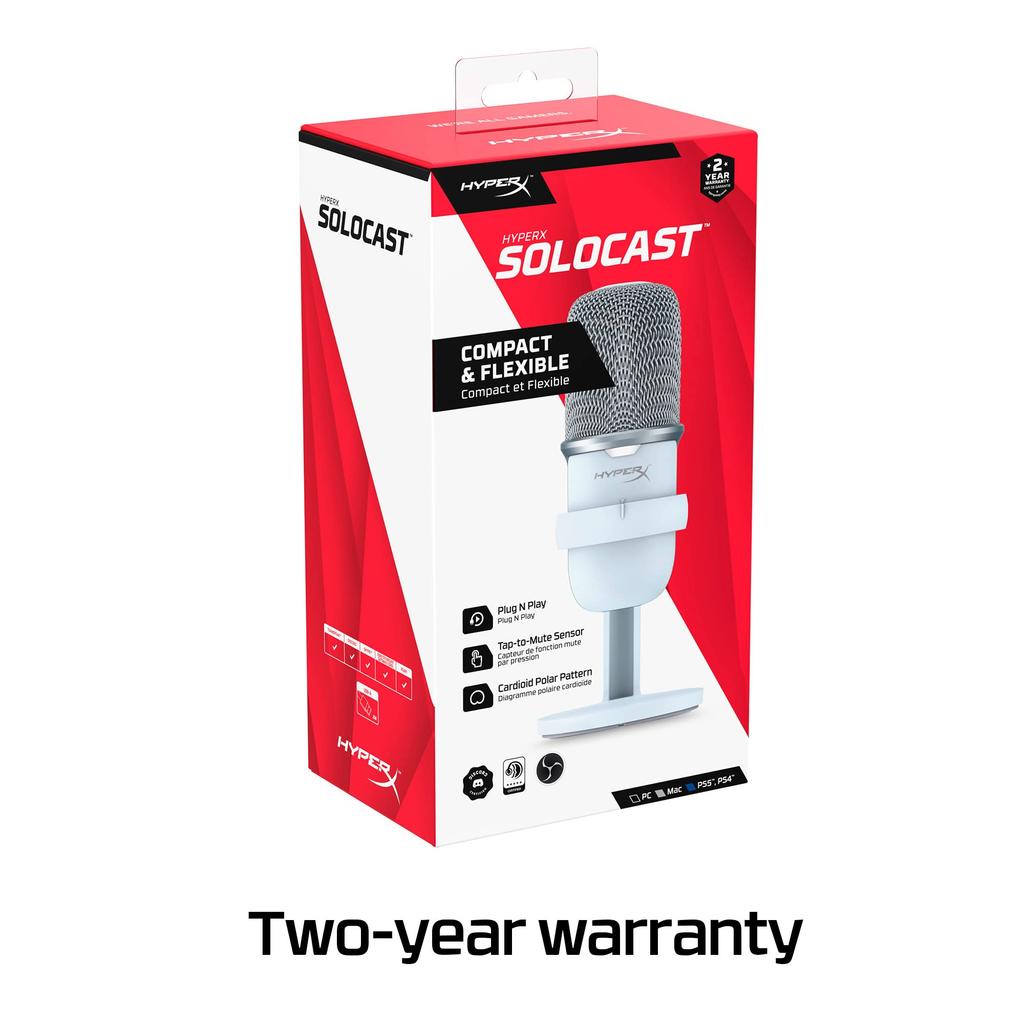 Hyper-X SoloCast USB Standalone Microphone, White, for Teleworkers, Streamers, Content Creators, and Gamers, Compatible with PC, PS4, and PS5, 2-Year
