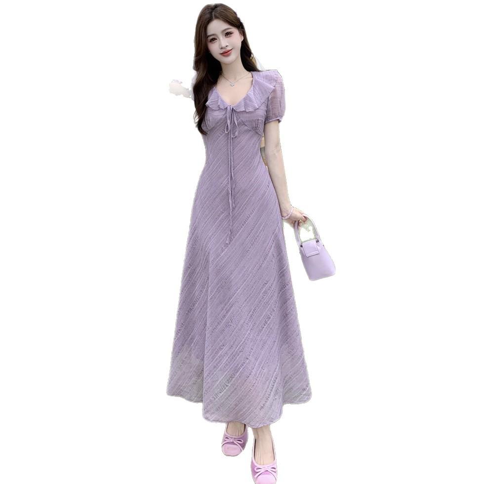 Gentle French girl vacation skirt summer new slim and thin waist strap solid color coffee break dress