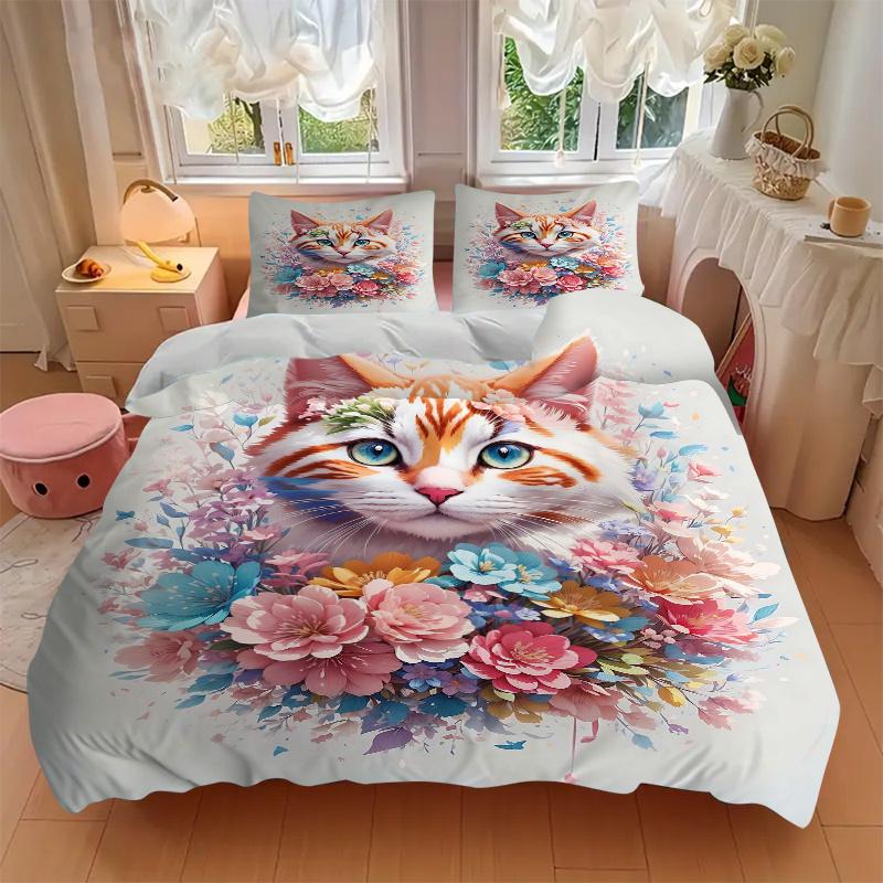 3pcs Charming Cat Quilt Cover Set (1 Quilt Cover + 2 Pillowcases Without Pillow Core), High-Definition Printing for Home and Dormitory.M031