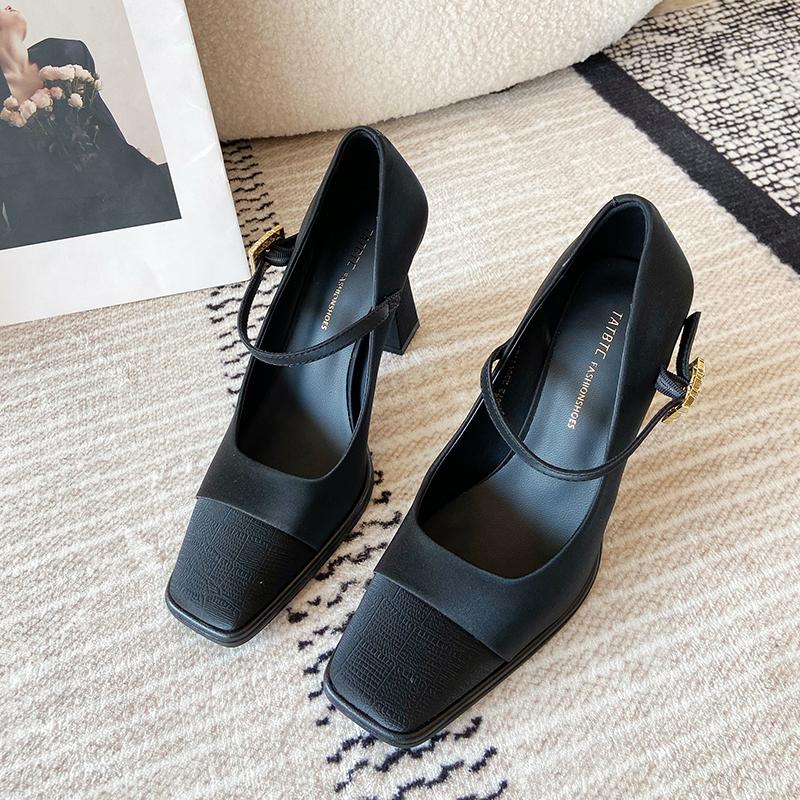 Fashion Women's Fashion Thick Heel Shoes Spring New Square Head Shallow Mouth Splicing A Word with Anti-slip Wear-resistant High Heels
