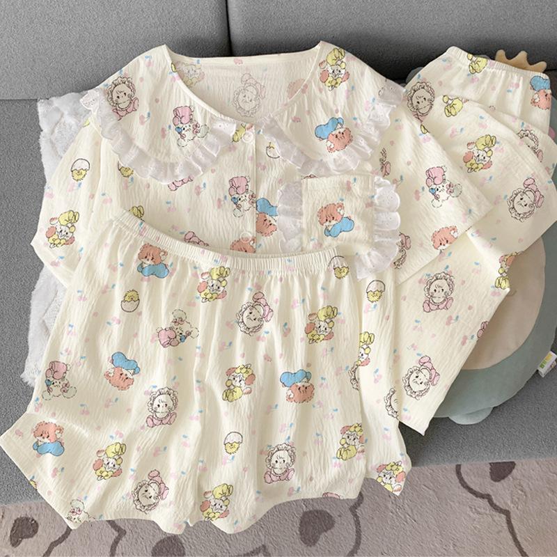 Mikko Cute Fun Doll Collar Lace High Value Cloud Cotton Pajamas Women'S Summer Short Sleeve Three-Piece Loungewear