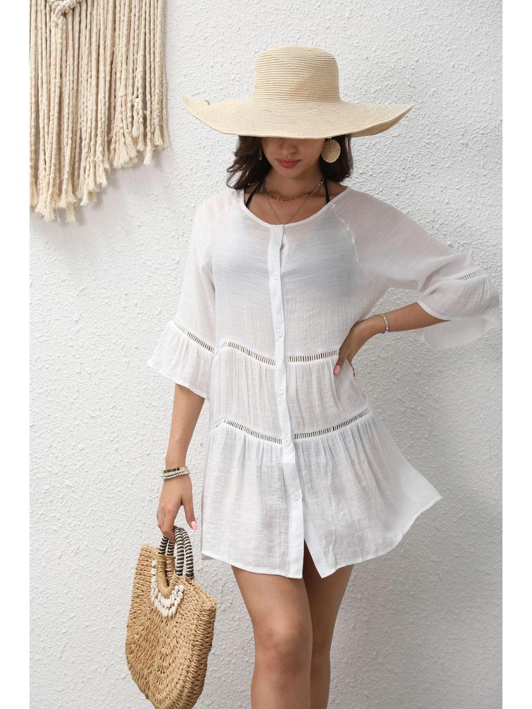 2023 Summer Solid Color Bell Sleeve Lace Beach Cover-Up Dress