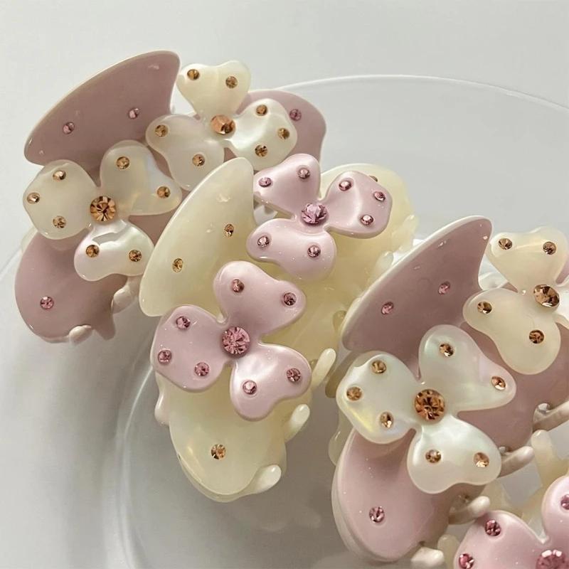 New Sweet Flower Hair Claw Rhinestones Acetate Claw Clip Cream Color Crab Hair Clips Hair Accessories for Woman Girls