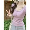Summer Korean Style Sweet Square Neck Lace Trim Button Slim Fit Short Sleeve Top