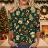 Women's Casual Three-Quarter Sleeve Neck Top with Christmas Print
