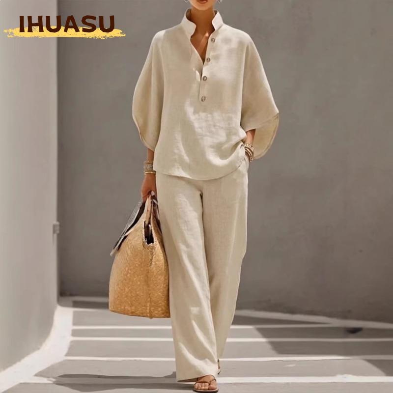 IHUASU Damesmode Casual Broekpakken met Lange Mouwen en V-hals