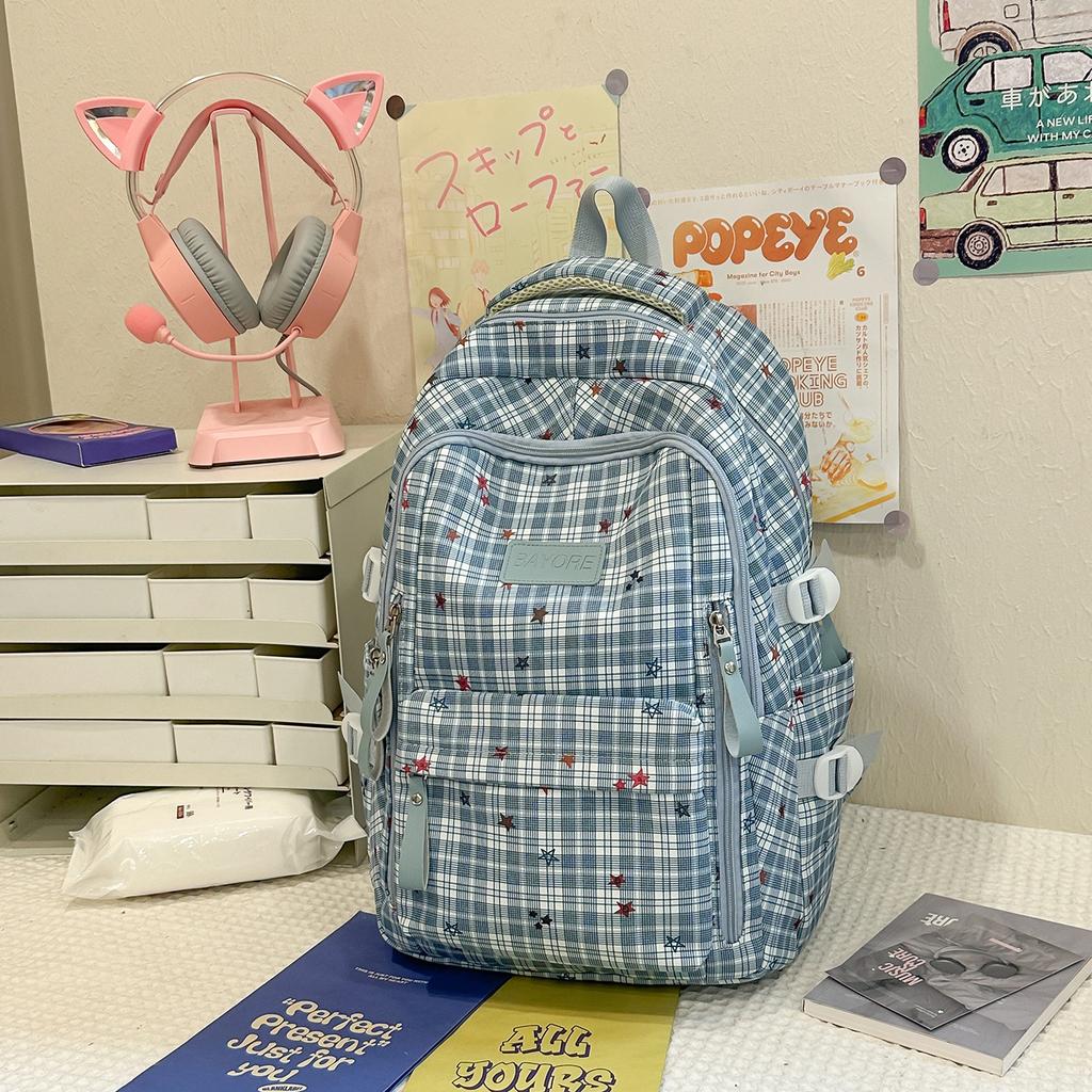 Schoolbag Junior High School Student High School Student Schoolbag Women's Casual Plaid Schoolbag Large Capacity Commuting Campus Versatile Travel 
