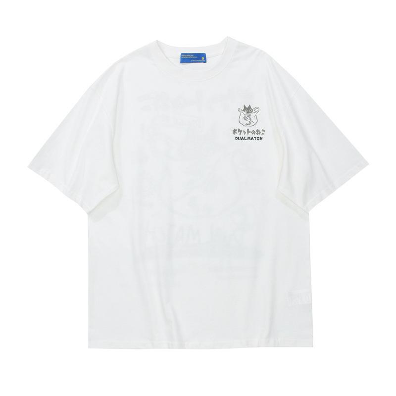 Summer Japanese Retro Pocket Cat Cartoon Printed Short Sleeve T-shirt Male Female Couples Unisex College Style Oversized Top