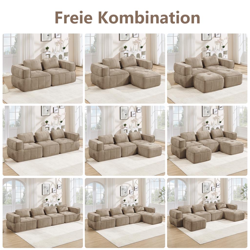 Modular Two-Seater Sofa with Two Stools, Without Struts, 32D High-Density Foam, Deep Seat, Soft Fabric, Ideal for Living Room and Apartment, Sand.