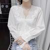 Geborduurde Elegante Witte Kanten Blouse Vrouwen V-hals Vintage Vrouw Shirt Golvend Cut Lange Mouw Blouses Kantoor Dame Tops 17381