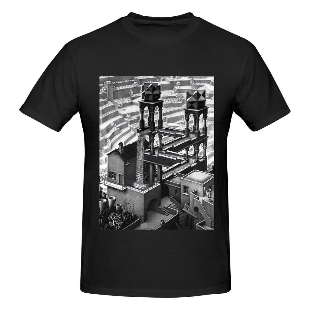 Waterfall By M C Escher American Retro Tshirt Urban Commuting Fashion Sense Basic Tee