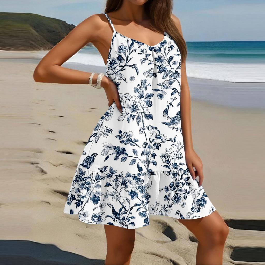 Damenmode Lässig Ärmellos Rundhals Weit Geschnitten Geblümtes Strandkleid