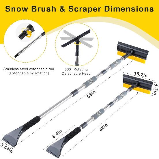 53'' Extendable Retractable Snow Brush & Ice Scraper For Cars/SUVs/Trucks - 360° Rotating Detachable Head, 10" Scratch-Free Squeegee, Ergonomic Foam