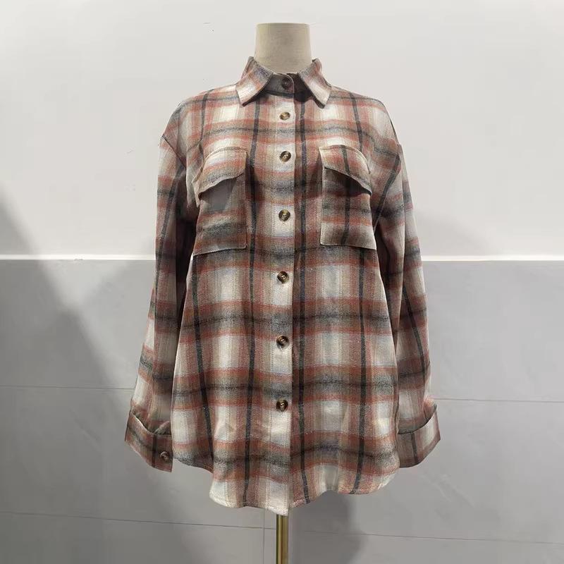 2026 Women's Autumn-Winter Loose Plaid Pocket Shirt: Casual European & American Style