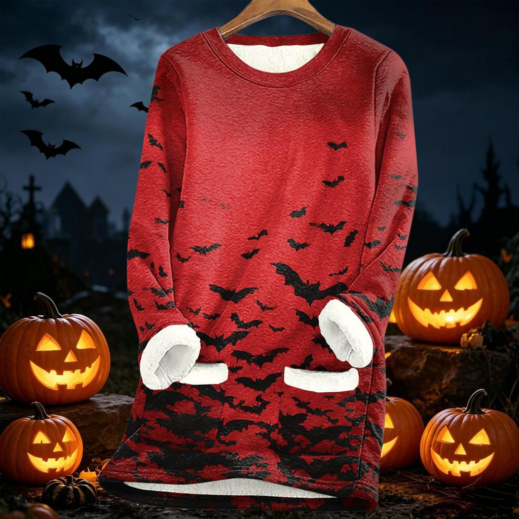 Women Long Sleeve Fleece Lined Tunic Sweater Dress with Halloween Print Soft Warm Thickened Sherpa Pullover for Autumn Winter